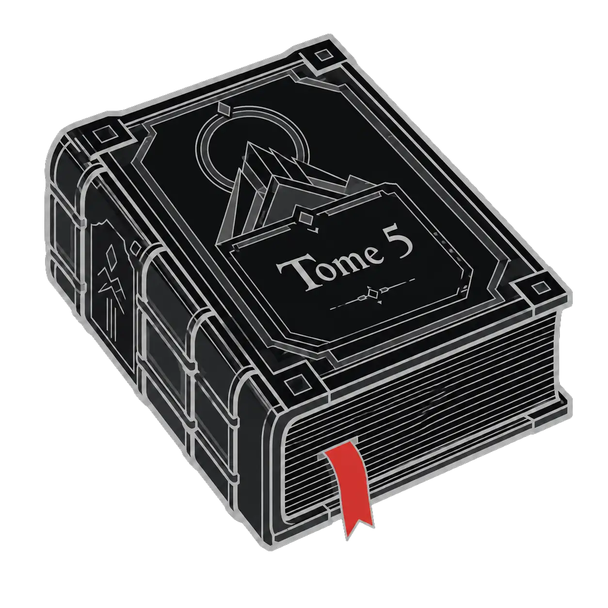 Livre épais de couleur noire avec une couverture détaillée gravée de motifs géométriques blancs et un marque-page rouge visible.