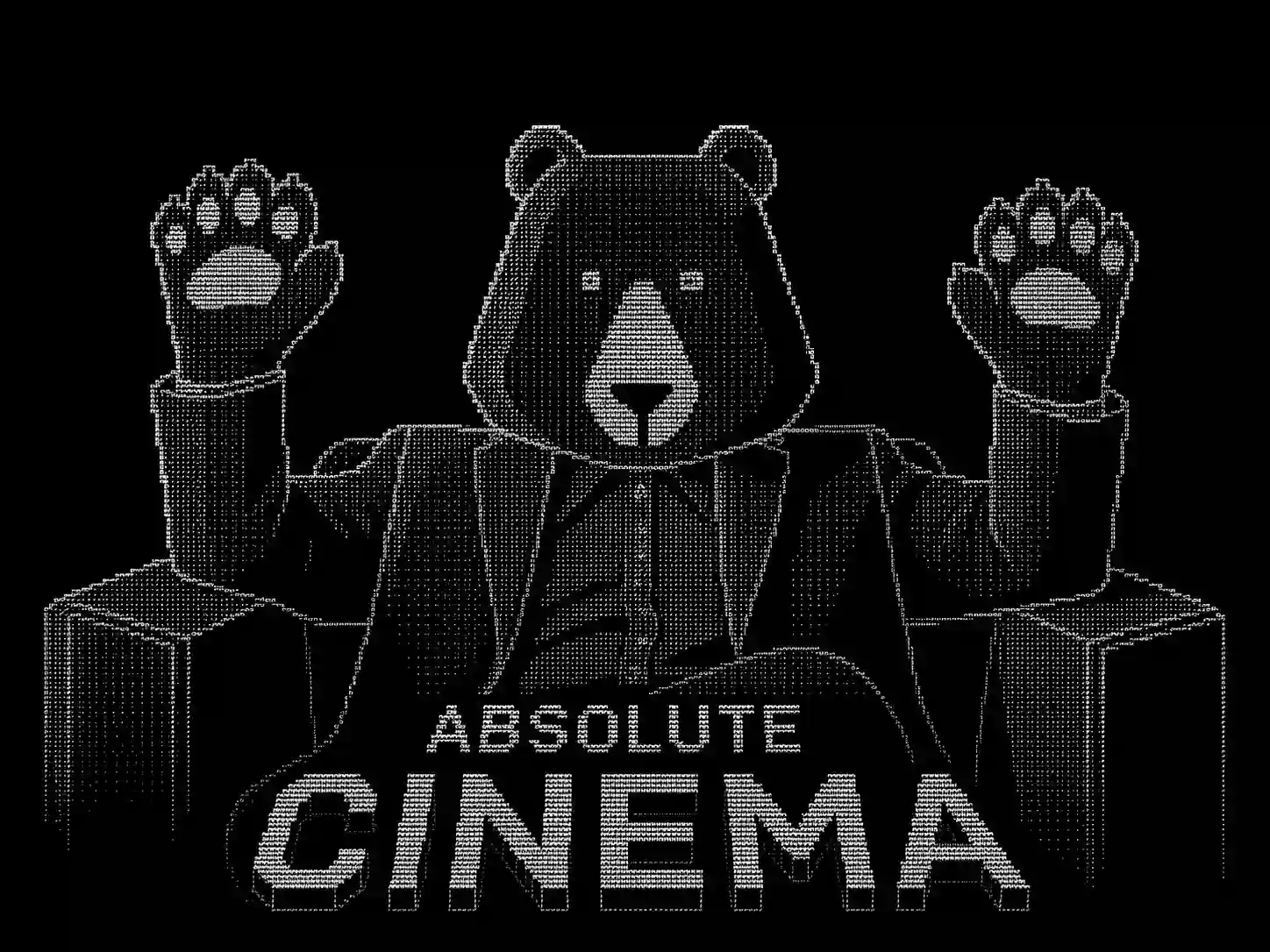 Une illustration en pixels blanc sur fond noir montre un ours assis dans un fauteuil avec les pattes levées, en dessous le texte "ABSOLUTE CINEMA" en majuscules visibles.