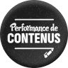 Icône ronde noire avec texte blanc centré « Performance de CONTENUS » et petit crayon blanc en bas à droite.