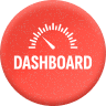 Icône rouge circulaire avec le mot blanc DASHBOARD en majuscules et un graphique de lignes allant vers le haut au-dessus du texte.