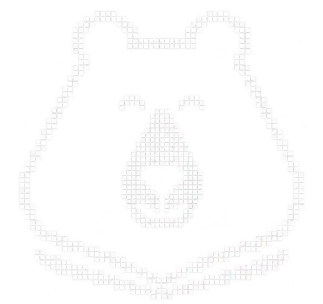 Illustration en pixel art d'une tête d'ours noir avec un museau blanc souriant sur fond transparent.