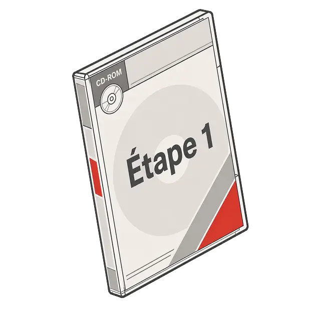 Boîtier de CD-ROM avec une étiquette portant le texte « Étape 1 » en noir sur fond gris clair avec des accents rouges et gris.