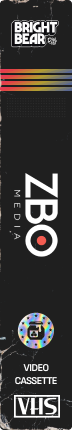 Logo Bright Bear ZBO Media featuring a colorful horizontal stripe, a circular icon, and a VHS videocassette symbol on a black background.