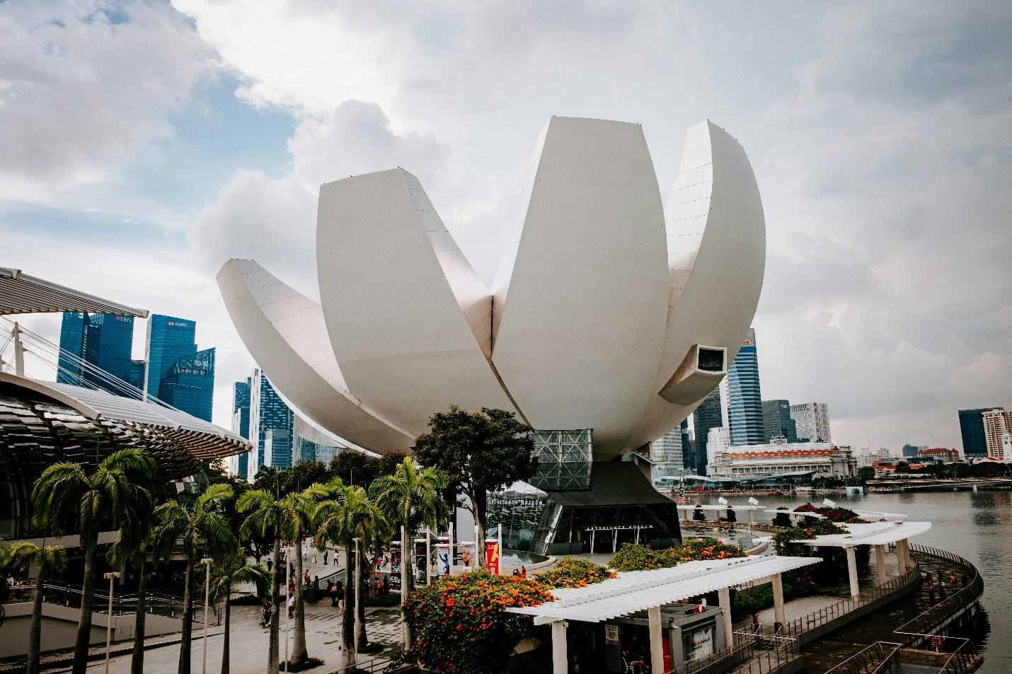 A white building with a flower shaped structureDescription automatically generated