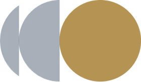 Decorative overlapping circle graphic in grey and gold