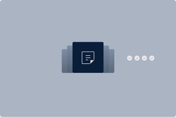 Decorative illustration of layered document cards with checkmarks