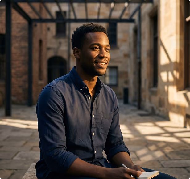 Young man sitting outdoors in a courtyard, smiling and holding a notebook