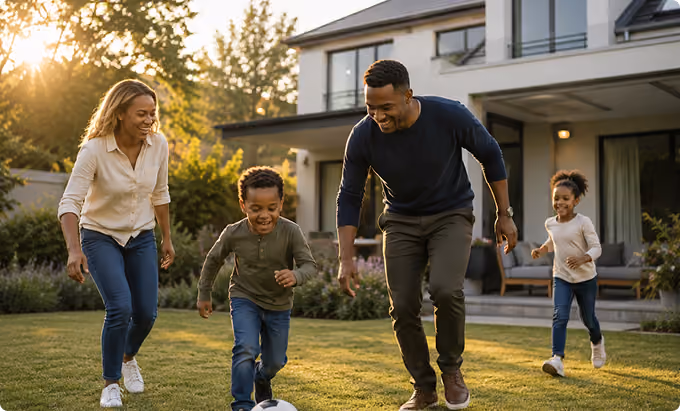 Family of two parents and two children playing together on the lawn outside their home