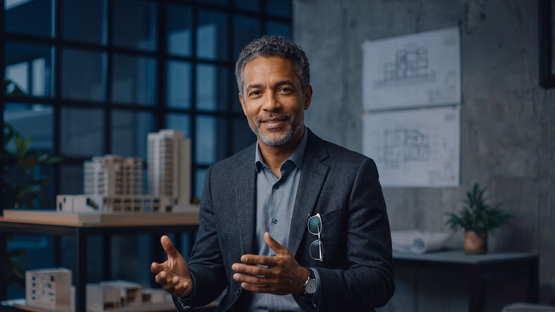Male architect gesturing while explaining a project, with building models and blueprints in the background