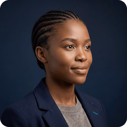 Studio headshot of a woman with braided hair wearing a navy blazer