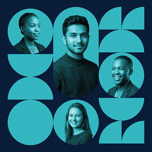 Decorative teal-toned photo collage of four young professionals in geometric frames