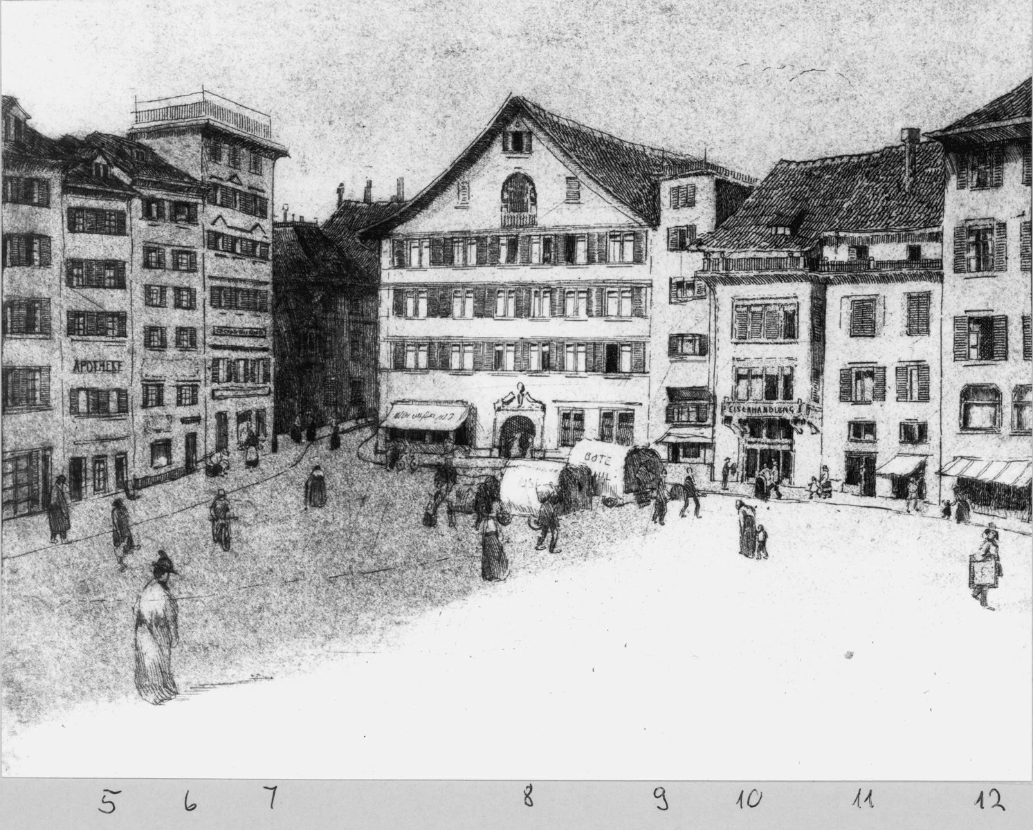 Historische Zeichnung des Münsterhofs in Zürich mit Passanten
