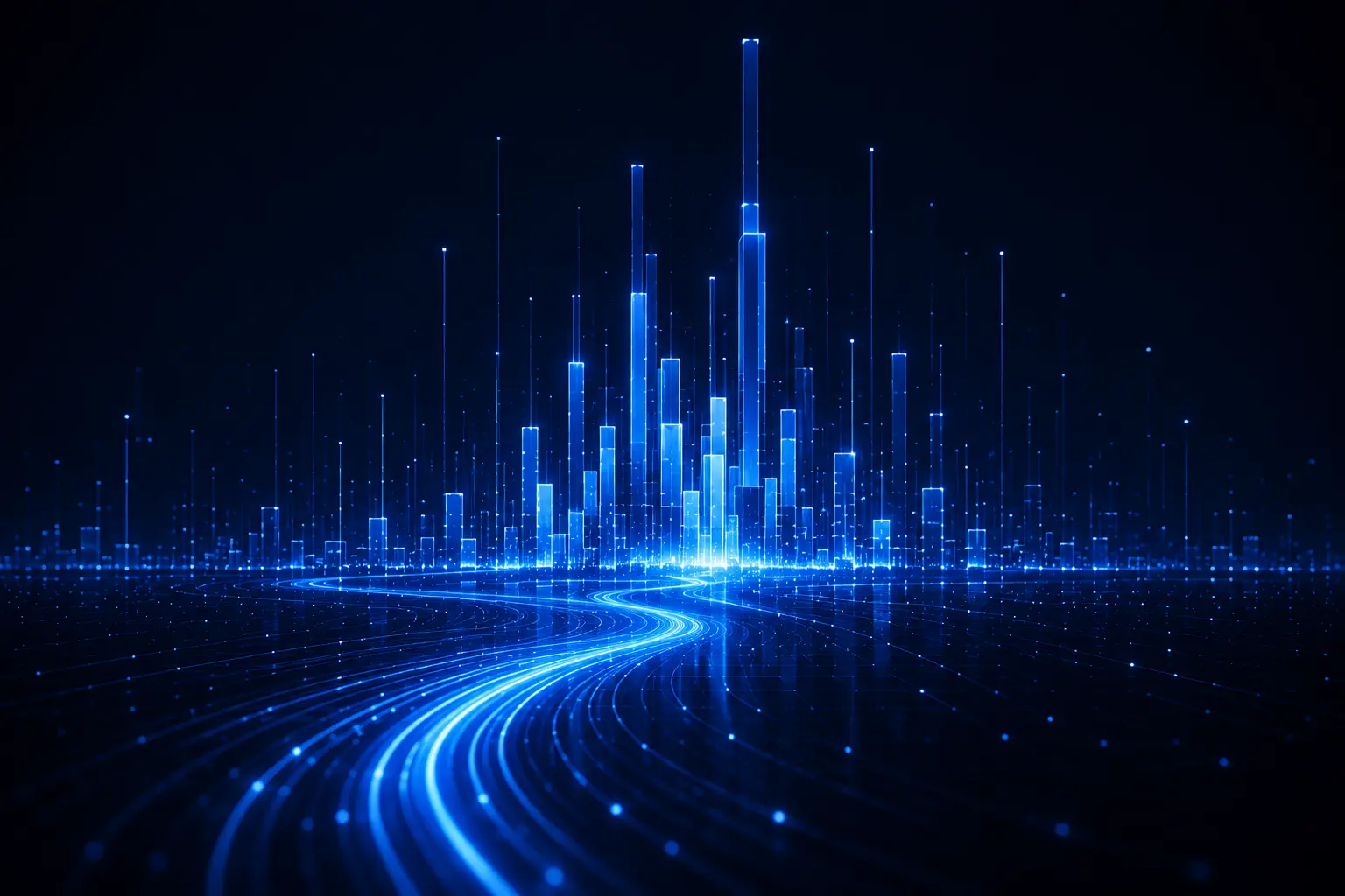 Connected Modern Finance ecosystem with Finance, ERP, data, automation and AI flowing through a digital data city.