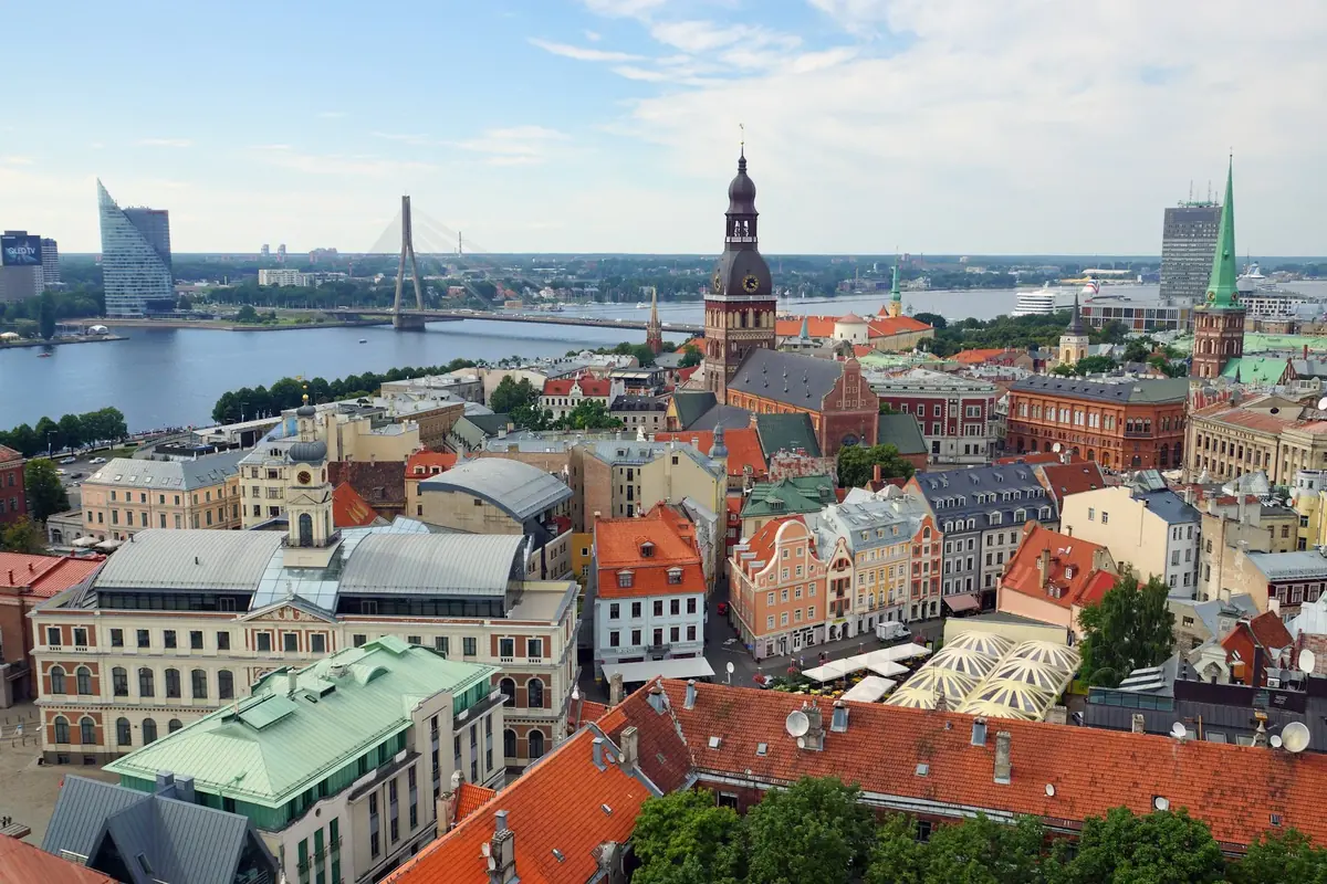 Aerial view of Riga old town and the Daugava river on a cloudy day