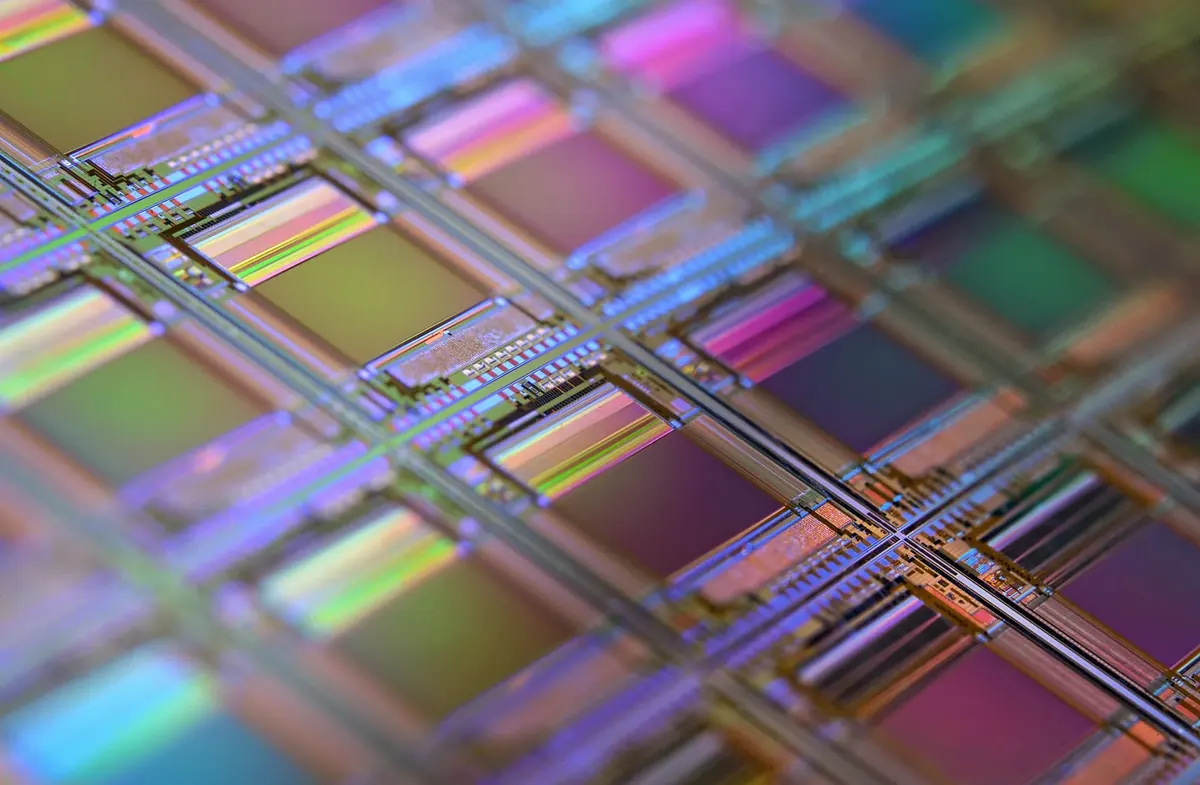 Close-up of a silicon wafer patterned with microchip dies
