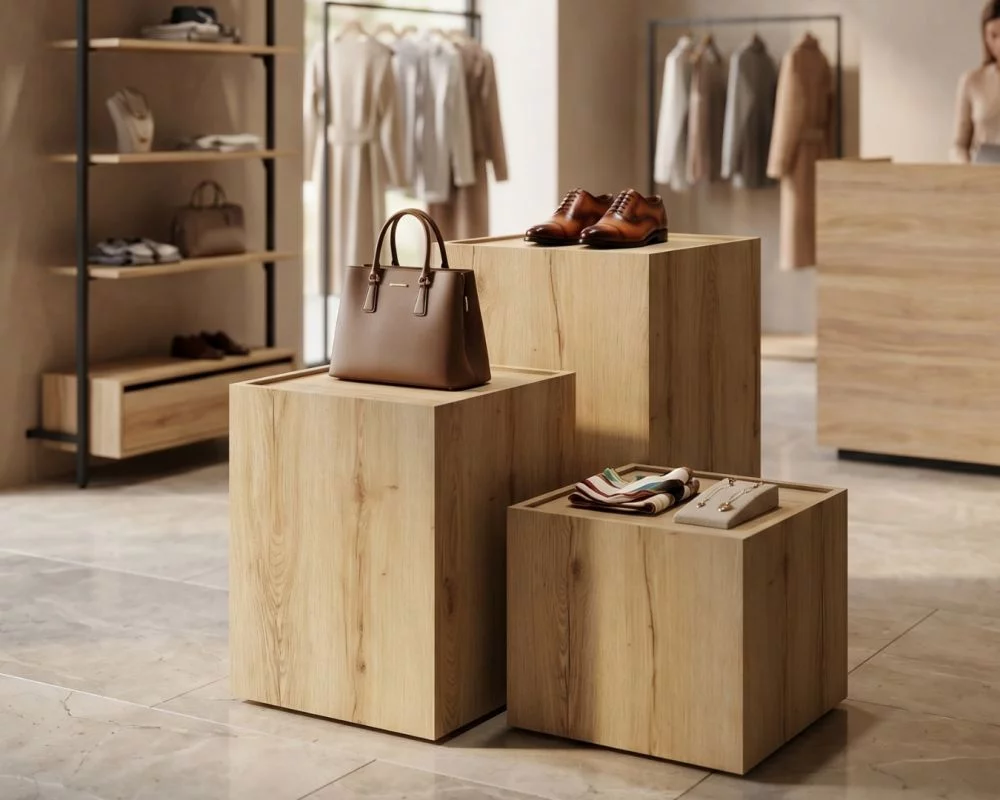 Podiums en bois de différentes hauteurs présentant sac, chaussures et accessoires en boutique
