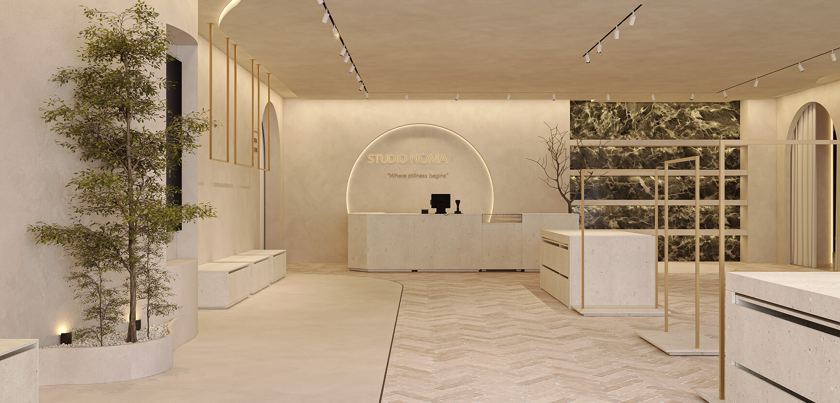 Banque d'accueil du Studio Noma dans une boutique aux arches et rails d'éclairage agencée par Ceolini