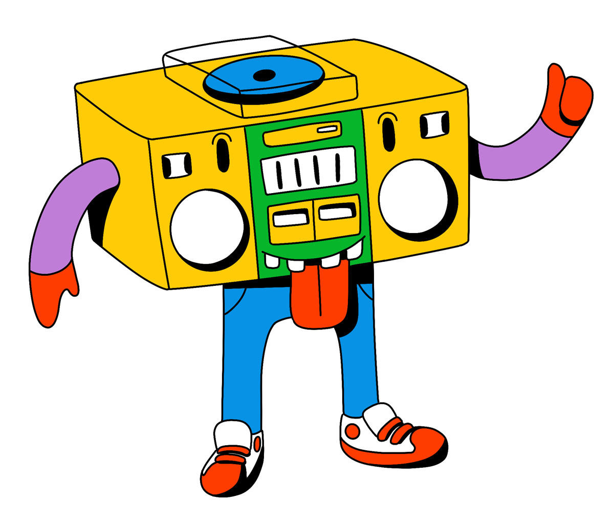 Personnage illustré avec un boombox jaune comme tête, ayant des bras violets avec des gants rouges, des jambes en jeans bleus et des chaussures blanches et rouges, montrant un pouce levé avec la langue rouge sortie.