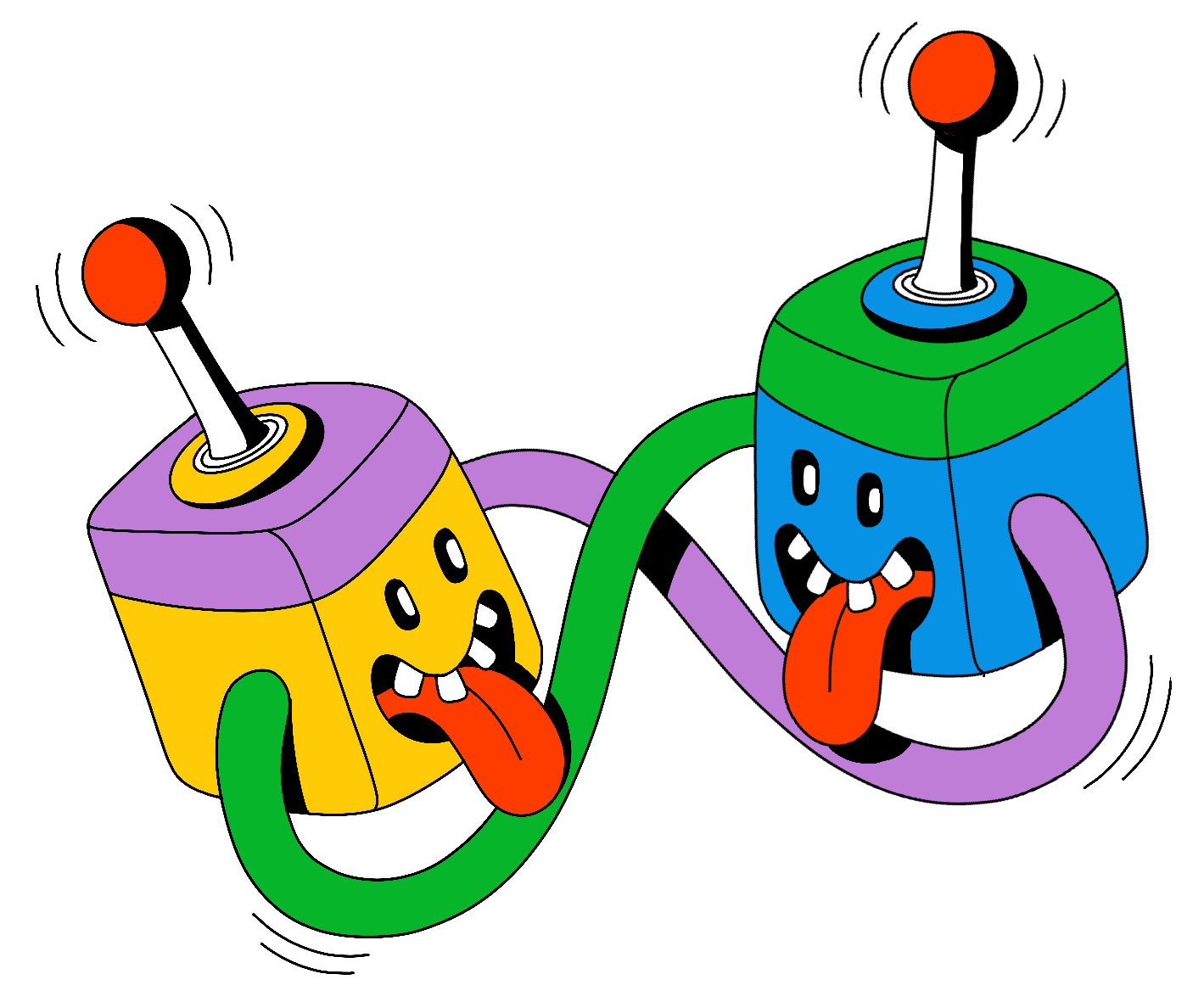 Deux joysticks dessinés avec des visages souriants, langue rouge tirée et bras reliés en boucle infinie, l'un jaune avec le dessus violet, l'autre bleu avec le dessus vert.