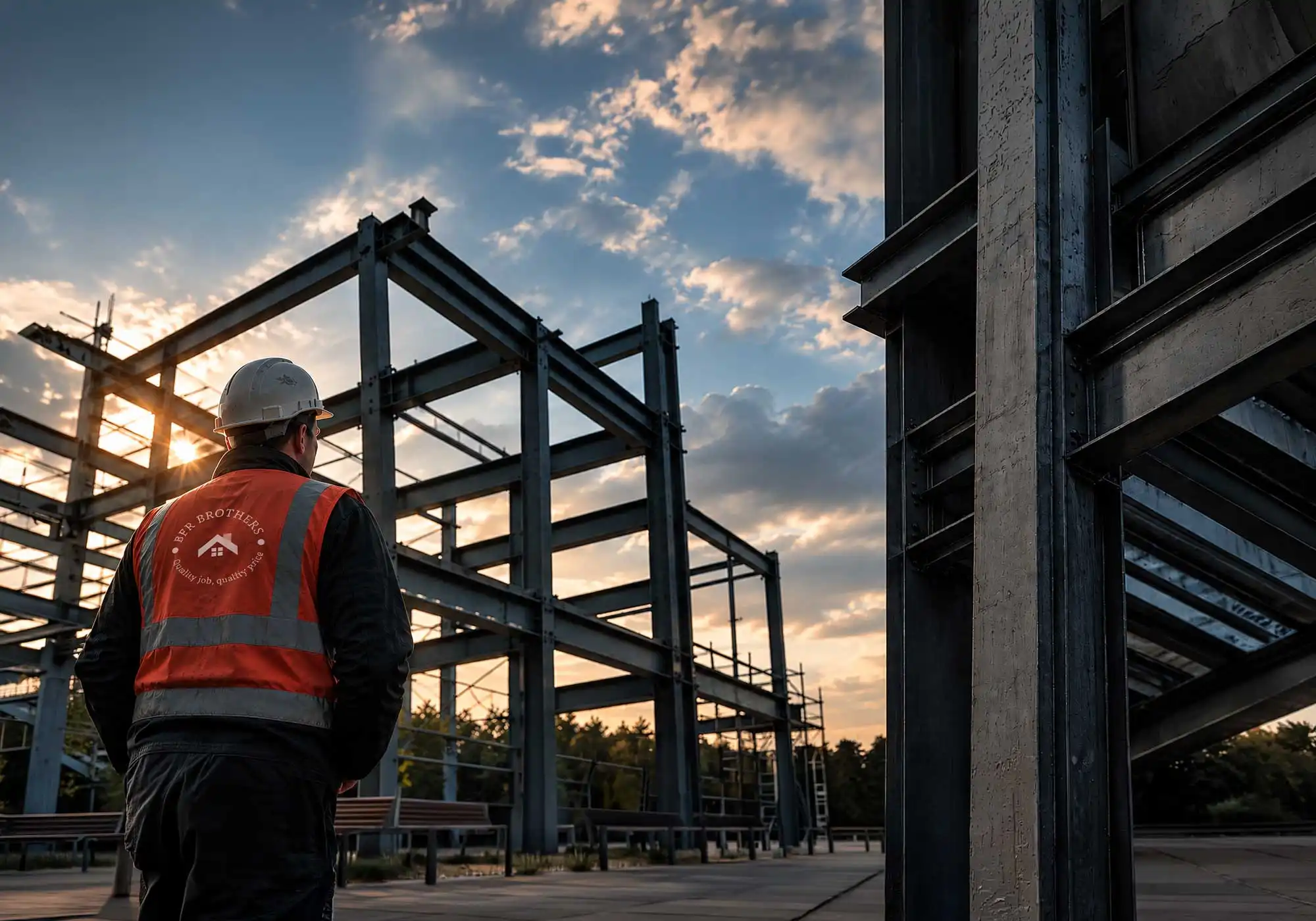 Construction worker wearing branded BFR Brothers safety vest observing steel frame building at sunset, industrial construction site with dramatic sky and structural beams
