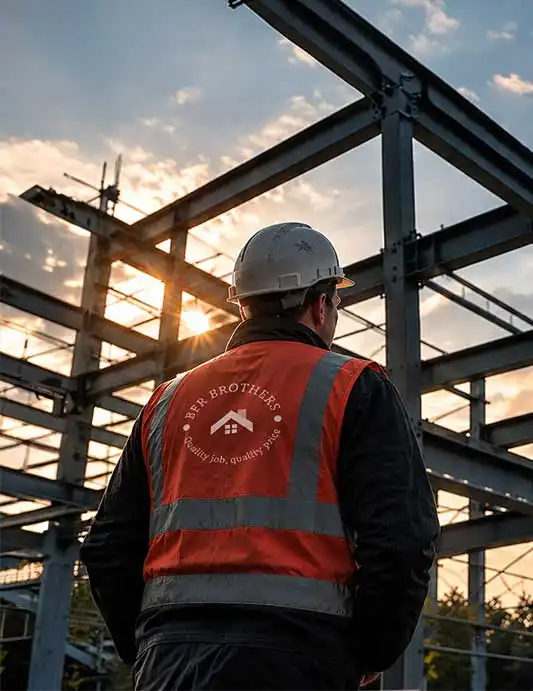 Construction worker wearing branded BFR Brothers safety vest observing steel frame building at sunset, industrial construction site with dramatic sky and structural beams