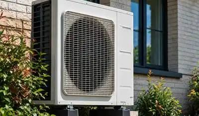 Outdoor heat pump unit installed beside residential building with brick wall
