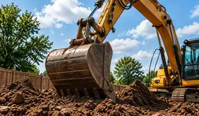 Excavator digging soil during groundworks on active construction site