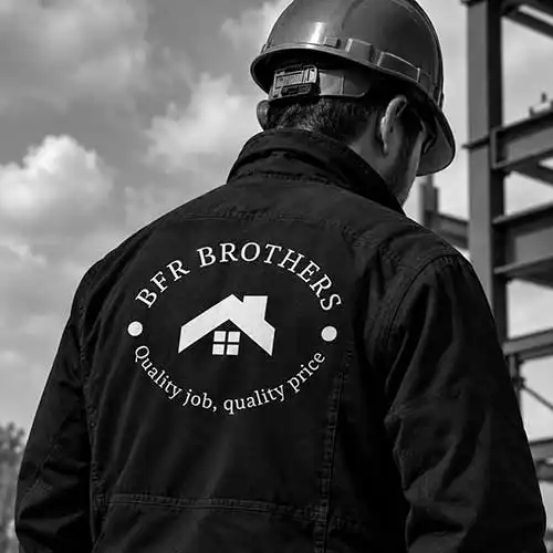 Construction worker wearing hard hat and jacket with BFR Brothers logo on back, standing at steel structure construction site under cloudy sky