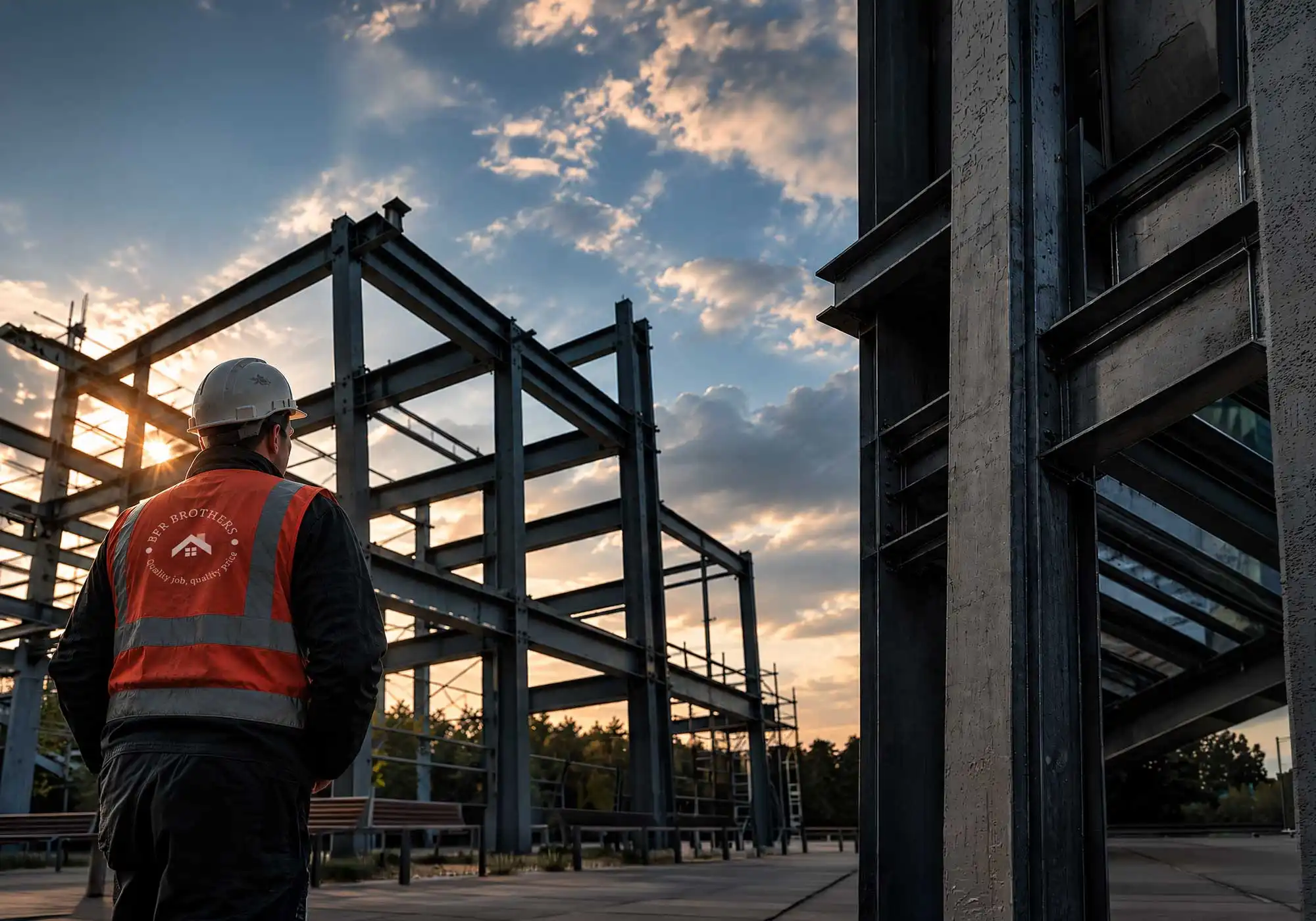 Construction worker wearing branded BFR Brothers safety vest observing steel frame building at sunset, industrial construction site with dramatic sky and structural beams