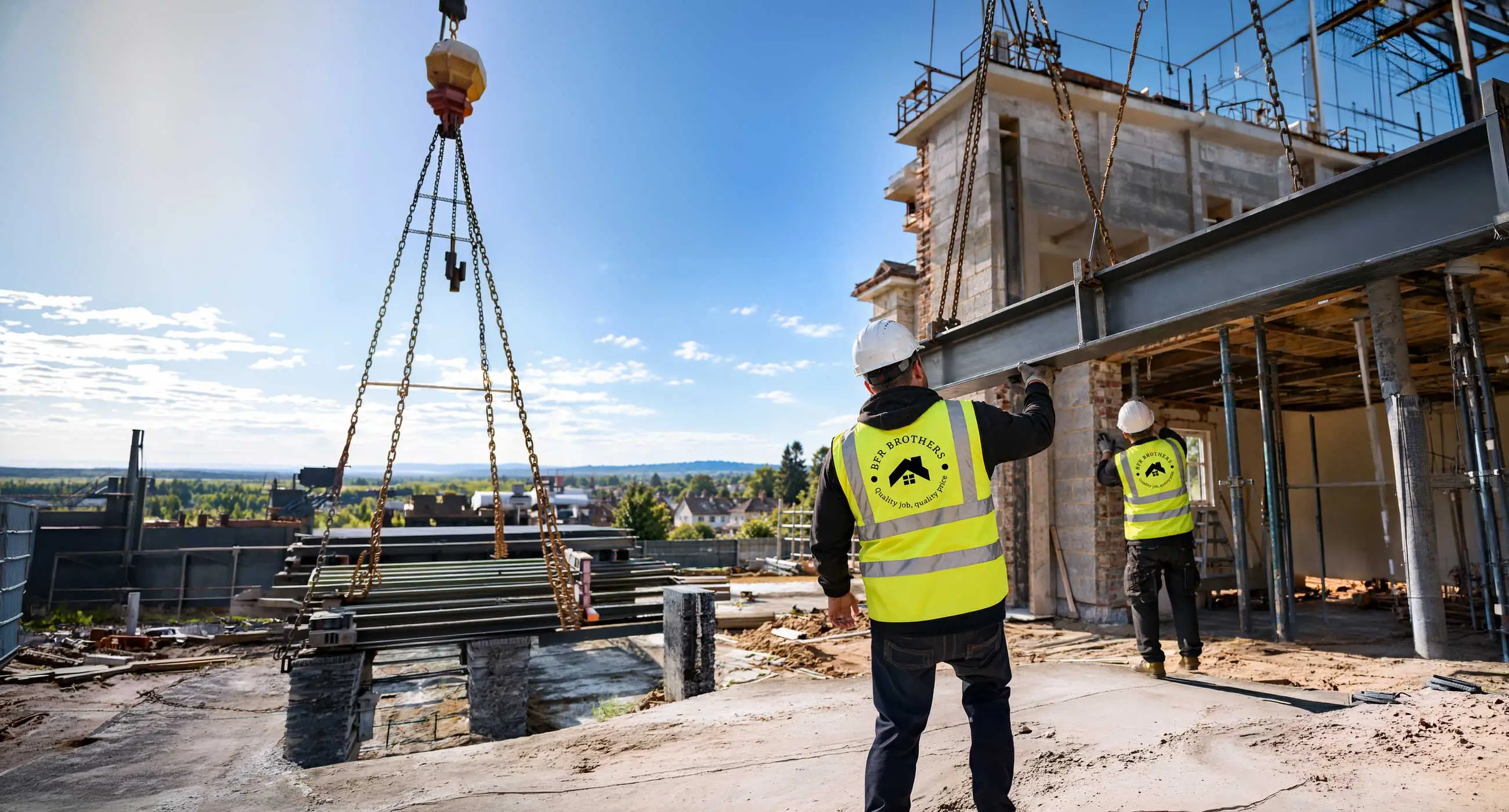 Wide cinematic view of two construction workers in high-visibility vests installing a steel beam at a residential build site, with visible company logos on their backs and suburban houses in the background under a clear sky.