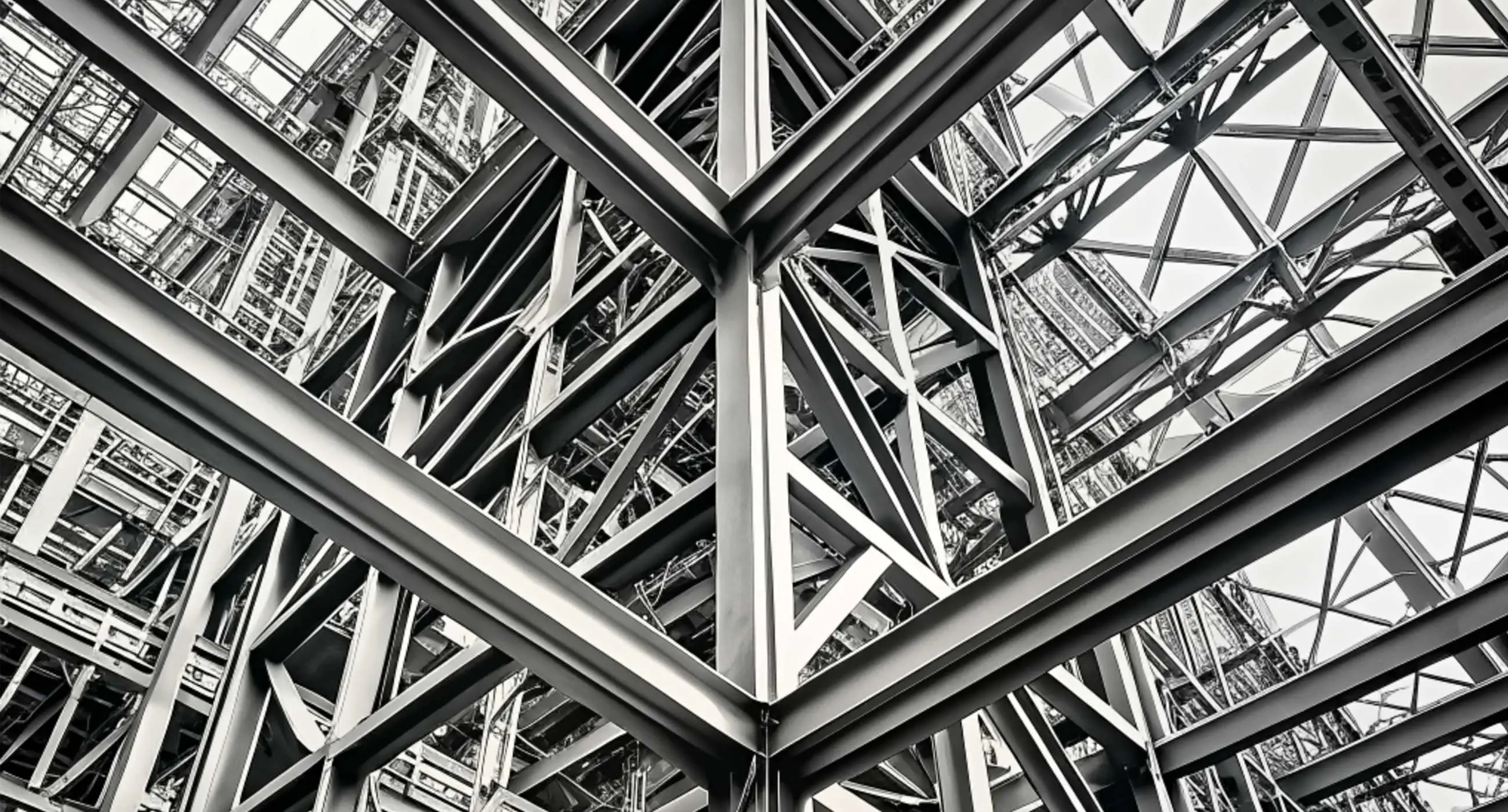 Abstract view of interconnected structural steel beams forming a complex framework, shot from below with strong geometric lines and industrial detail.