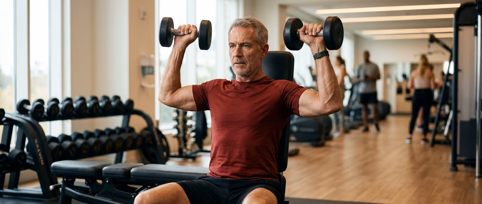 Mature man with gray hair wearing a red shirt lifts dumbbells while seated on a bench in a gym with weights and other people in the background.