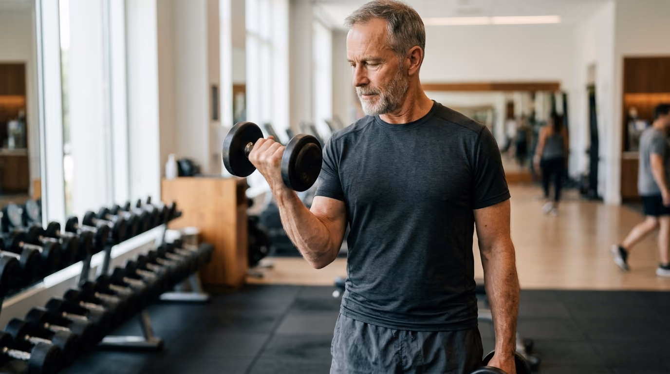 Middle-aged man with gray hair and a beard doing a bicep curl with a dumbbell in a gym with rows of dumbbells and mirrors in the background.