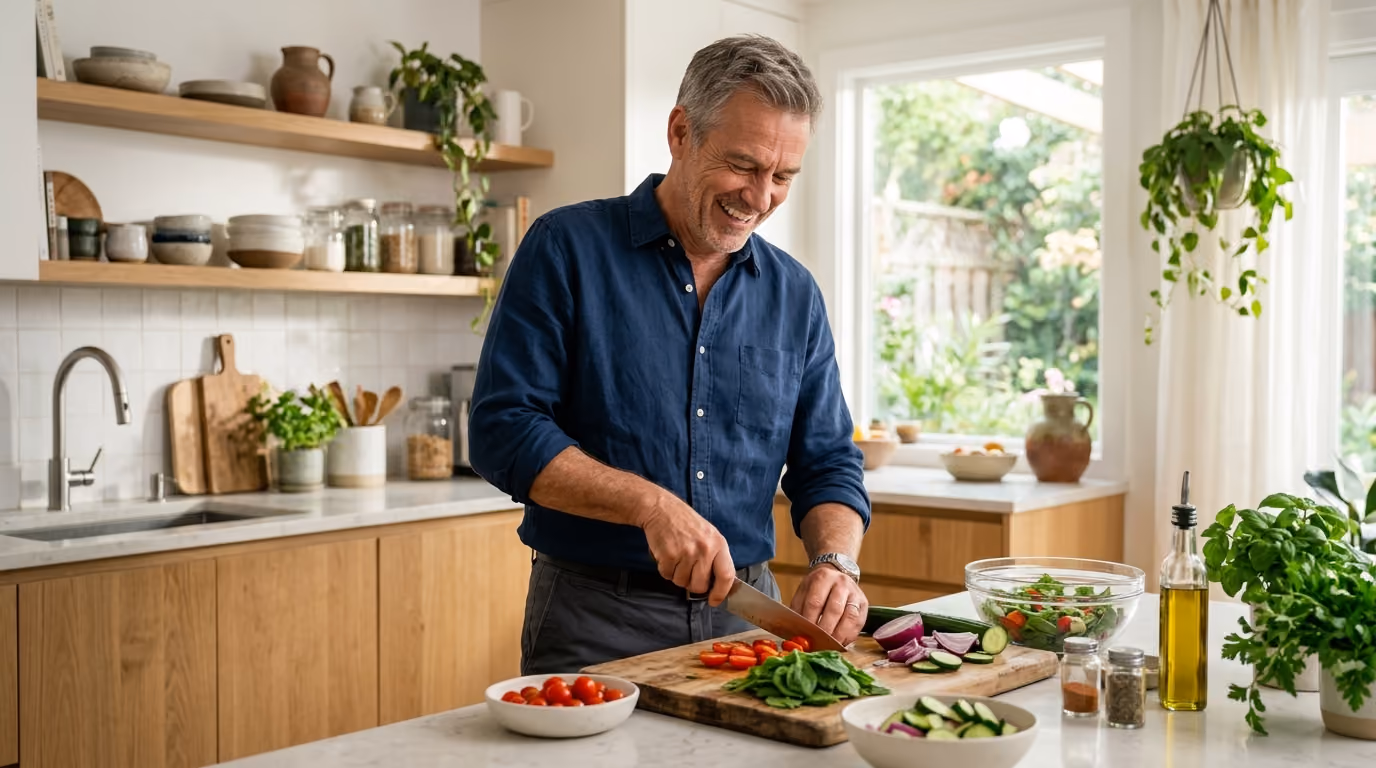Middle-aged man smiling while chopping vegetables on a wooden cutting board in a bright modern kitchen with wooden cabinets, potted plants, bowls of fresh salad ingredients, and a window showing greenery outside.