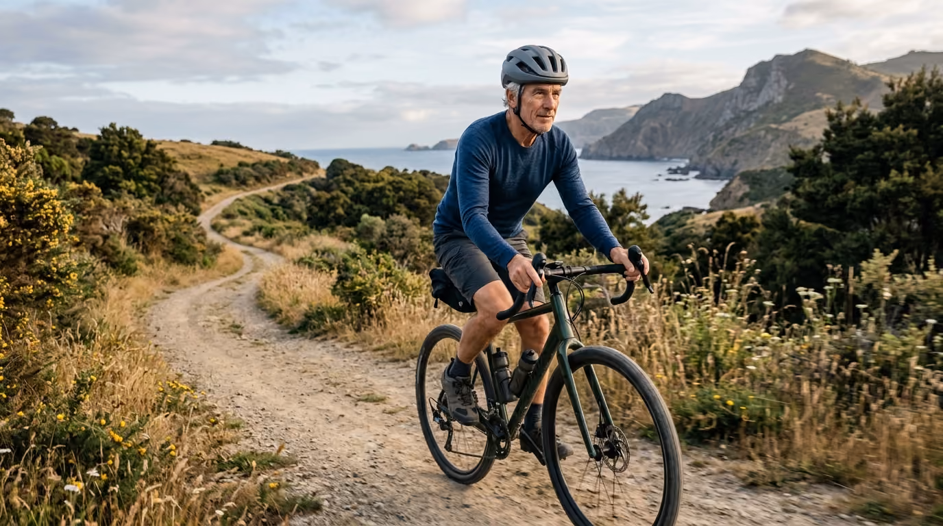 Man wearing a helmet and long sleeve shirt riding a gravel bike on a winding dirt trail in a coastal mountainous landscape with vegetation and cloudy sky.