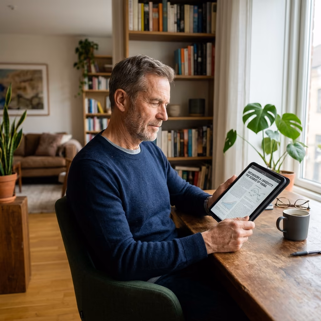 Middle-aged man sitting at a wooden table by a window, reading an article on a tablet, with a cup, glasses, and a pen on the table in a cozy room with bookshelves and potted plants in the background.