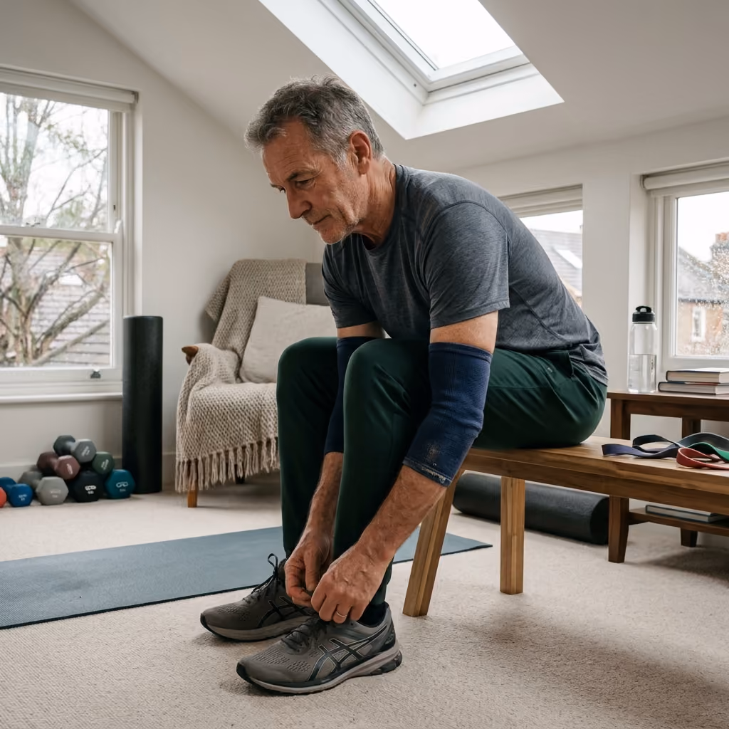 An older man in a grey T-shirt and dark green pants sits on a wooden bench in a well-lit home gym, tying his grey athletic shoes before exercising, with dumbbells, resistance bands, a yoga mat, and a water bottle nearby.