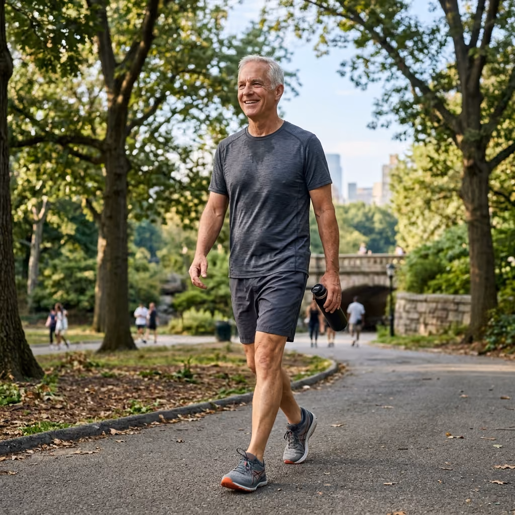Smiling middle-aged man walking on a paved path in a green park, holding a black water bottle and dressed in a gray athletic t-shirt and shorts with gray running shoes.