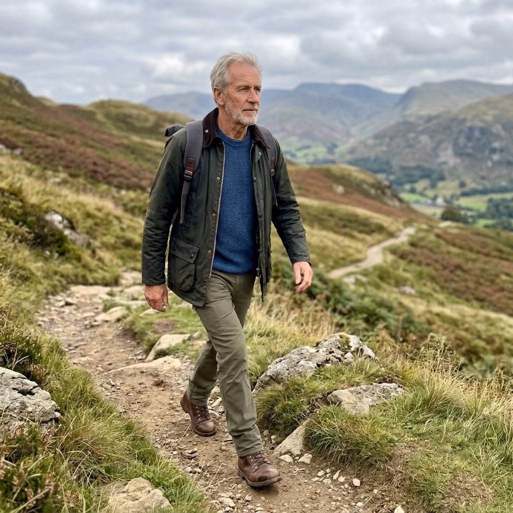 Older man with gray hair and beard hiking on a rocky trail in a green mountainous landscape under a cloudy sky, wearing a dark jacket, blue sweater, olive pants, brown boots, and carrying a backpack.