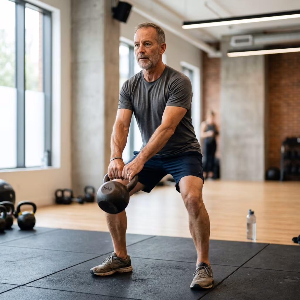 Mature man in a gray t-shirt and navy shorts exercising with a kettlebell on a black mat in a spacious gym with large windows and wooden floors.