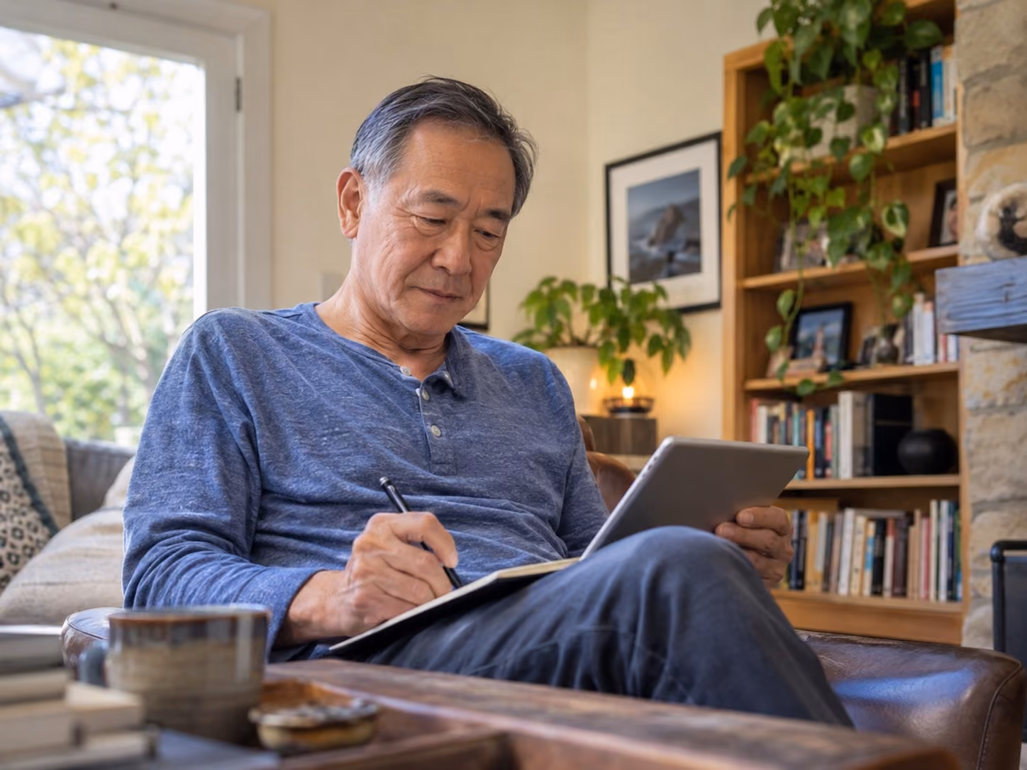An older man sitting in a living room on a leather chair writing in a notebook while holding a tablet, with bookshelves and green plants in the background.
