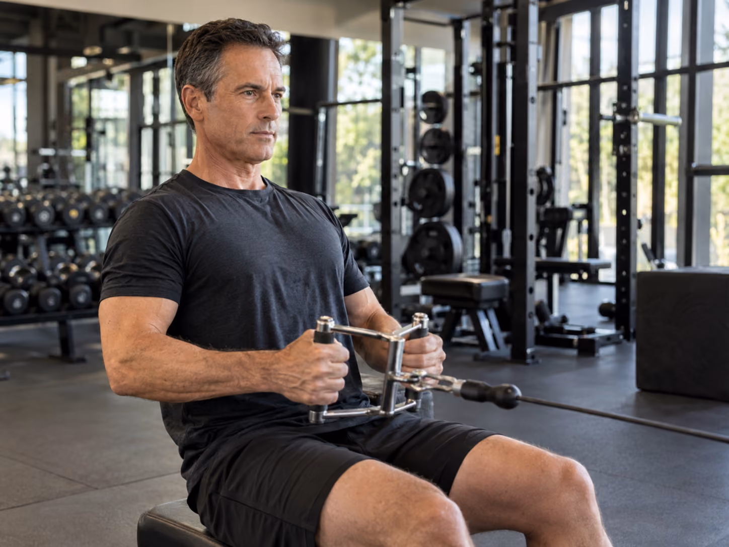 A man in a black t-shirt and shorts is seated and using a rowing machine cable exercise in a gym with weight racks and equipment in the background.