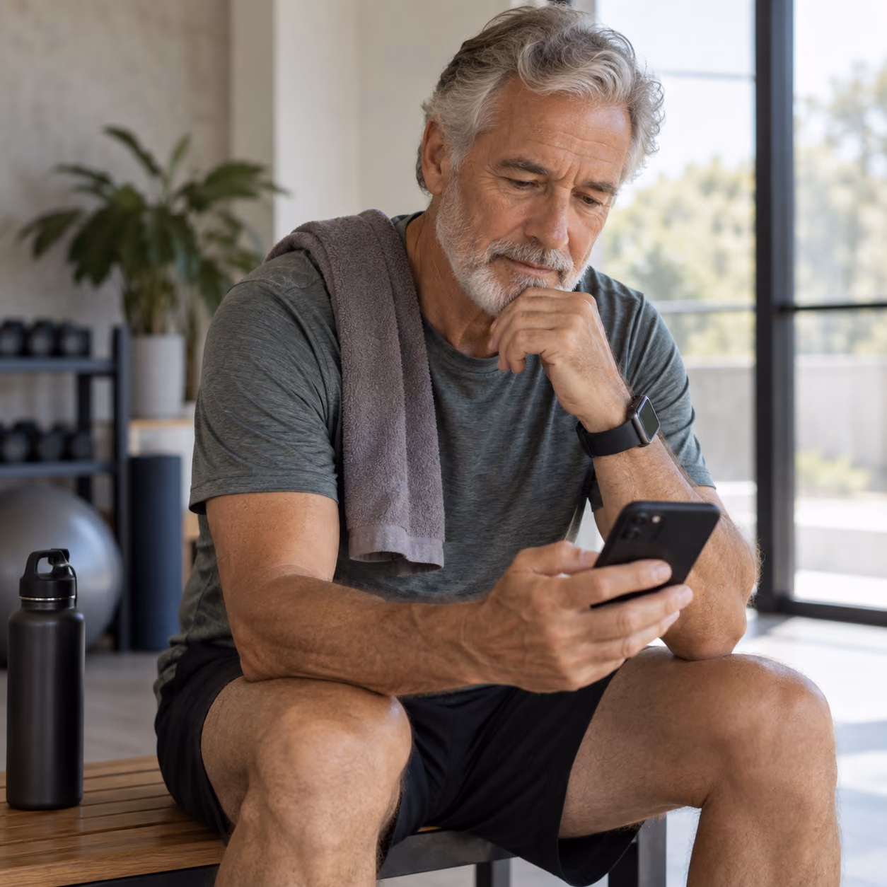 Older man with gray hair and beard in workout clothes sitting on a bench in a gym, holding a smartphone and looking at the screen thoughtfully, with a towel over his shoulder and a water bottle nearby.