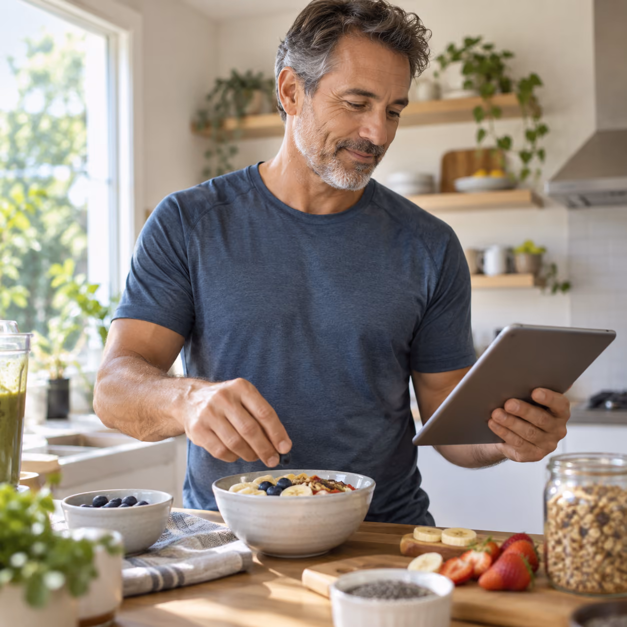 Middle-aged man in a kitchen adding blueberries to a bowl of fruit and granola while holding a tablet.