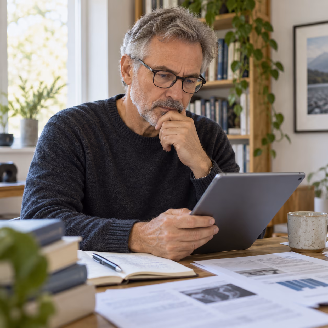 Older man with gray hair and beard wearing glasses and a dark sweater, sitting at a wooden desk in a home office, thoughtfully looking at a tablet while surrounded by books, papers, a notebook, and a coffee mug.