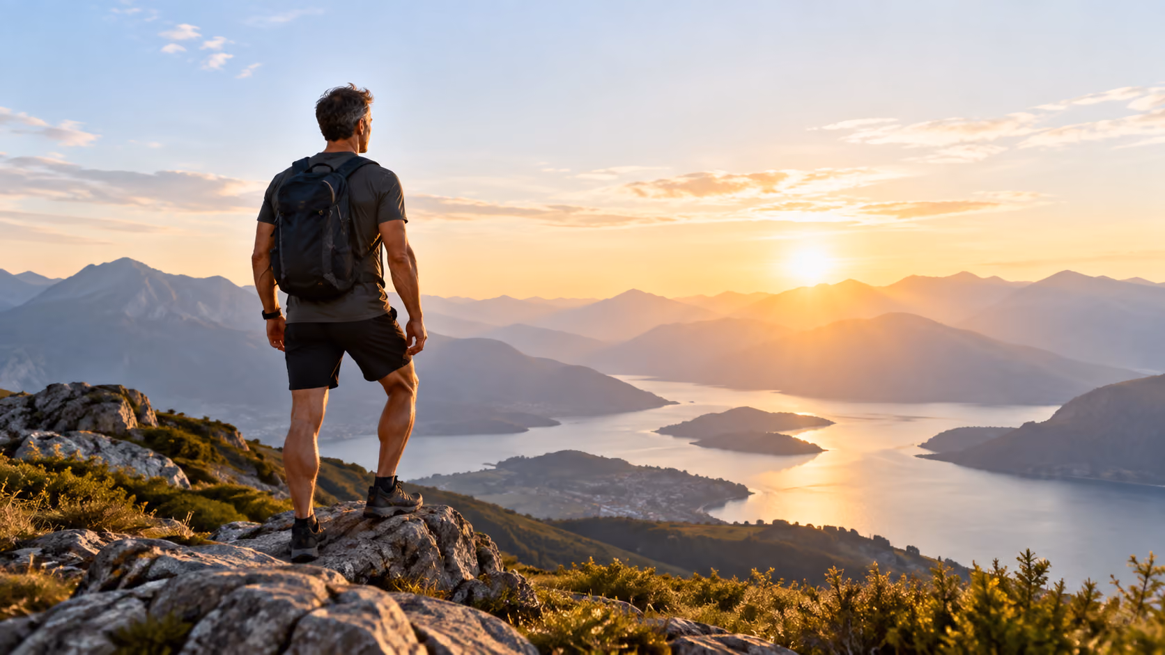 Man wearing black hiking gear and backpack standing on rocky terrain overlooking a lake and mountain range at sunset.