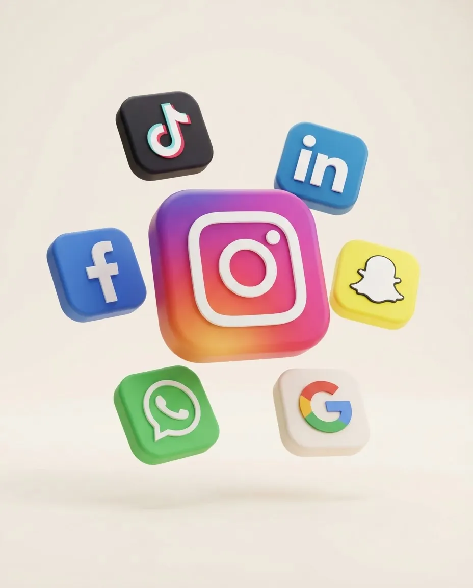 Floating 3D social media icons around the Instagram logo