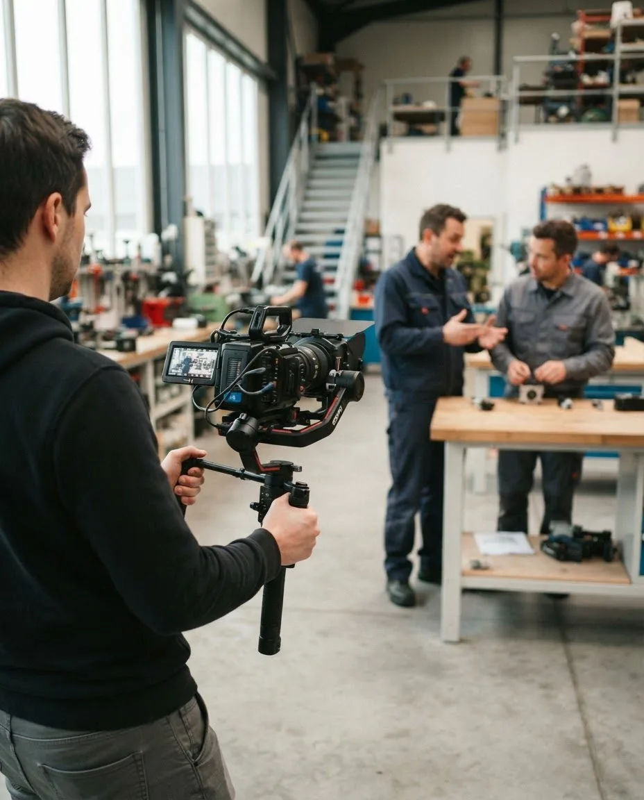 Camera operator filming two colleagues at work in a workshop