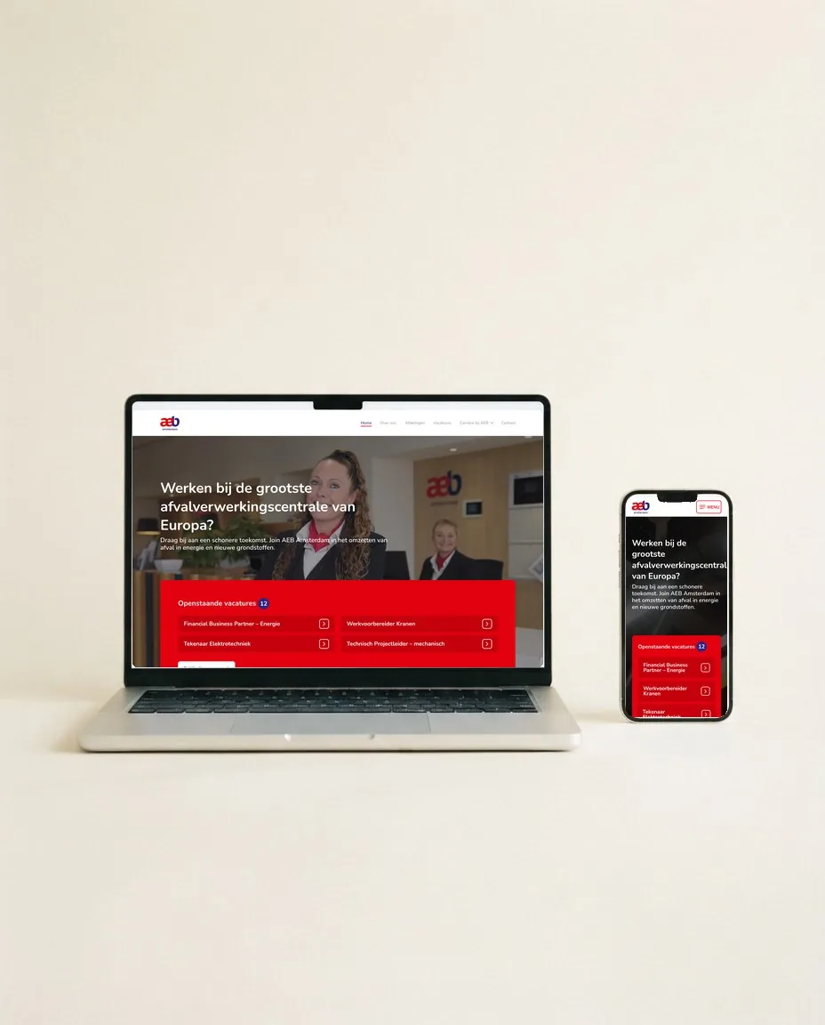 AEB Amsterdam careers website on a laptop and phone
