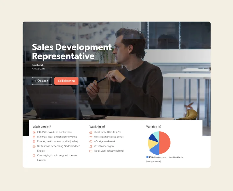Example of a Spielwork vacancy page with a photo, weekly schedule and salary details